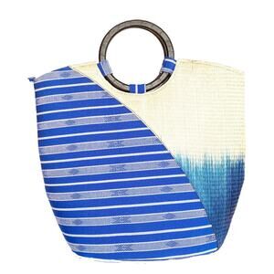 NWOT Blue Handmade Handwoven Fabric Straw Double Wooden Handle Tote Handbag
